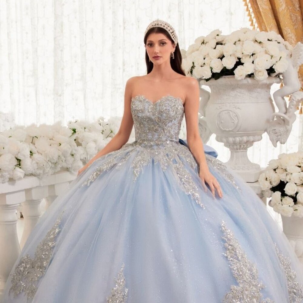 NEW LONG STRAPLESS QUINCEANERA GOWN W/ SEQUINS EMBROIDERY & BOW DETAIL 15715